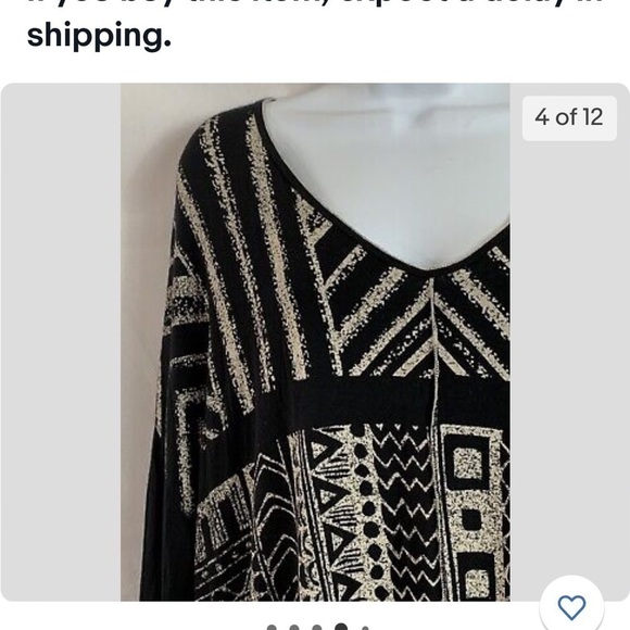 Edista Plus Size 1X Black/Cream Aztec Graphic Top 3/4 Sleeve V-Neck Back Slit. - Picture 3 of 7